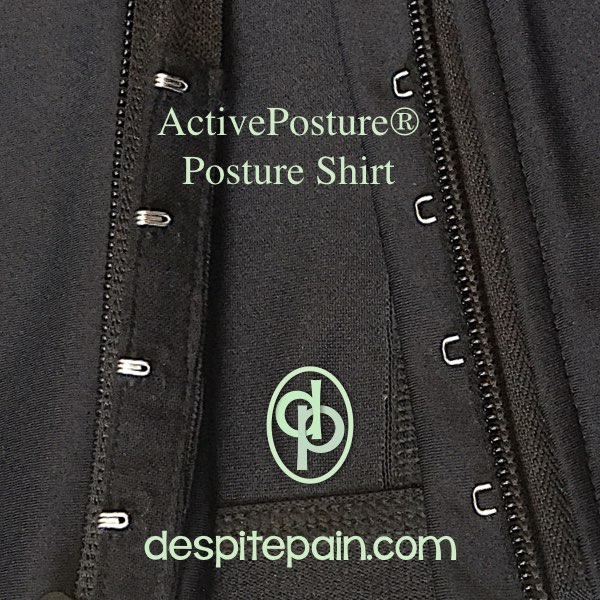 ActivePosture posture shirt, zipper version showing the covering under the zip and hook and eye fasteners